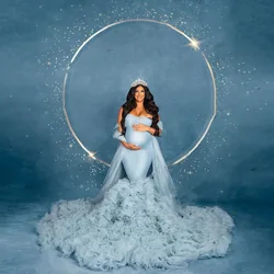 Puffy Layered Mermaid Pregnancy Dresses Lush Ruffles Strechy Sky Blue Maternity Gowns Sweetheart Photography Maternity Dress