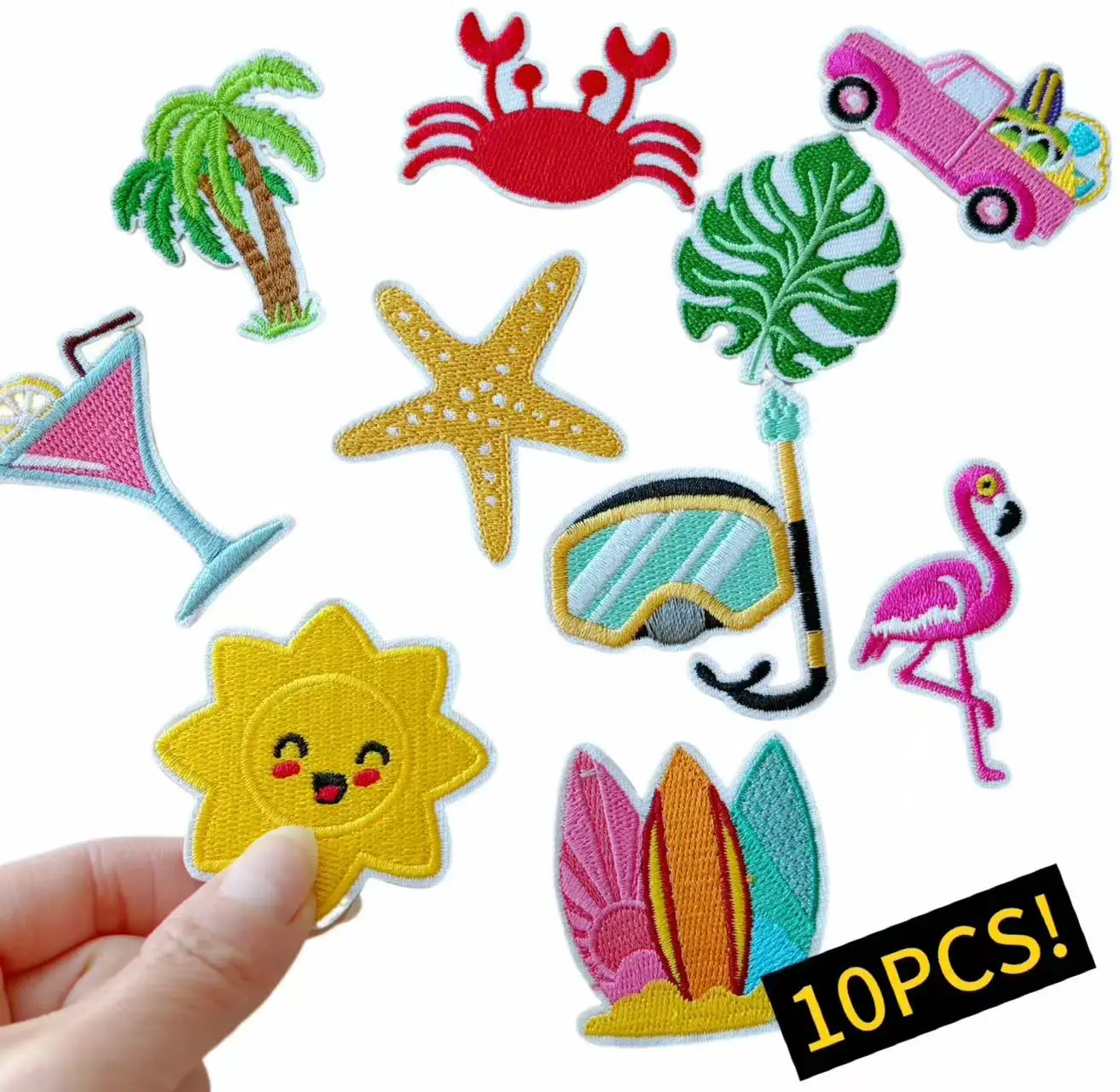 

10pcs Y2K Style Summer Vacation Iron On Patches, Vibrant Car Flamingo Sailboat Juice Embroidery Badges, DIY Heat Transfer Appliq