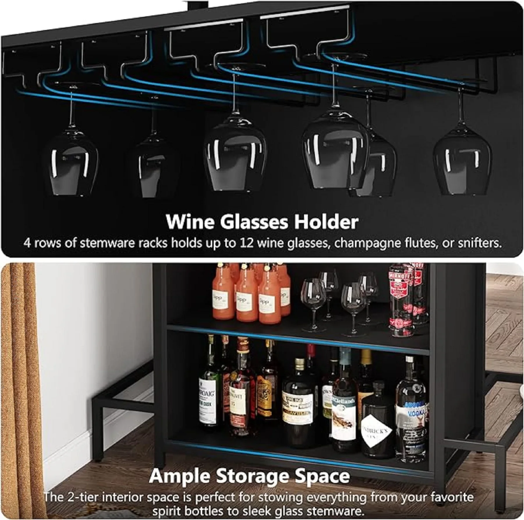 Industrial casa bar unidade gabinete com pés, 3-Tier Liquor Bar mesa com Stemware Rack e armazenamento de vinho