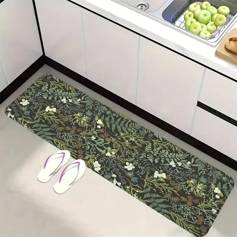 Schwarz-grüne Pflanzen-Küchenmatte mit Blatt, natürliche, bequeme, rutschfeste Matte, geeignet für Schlafzimmer, Lobby, Weihnachtsgeschenke, Teppiche