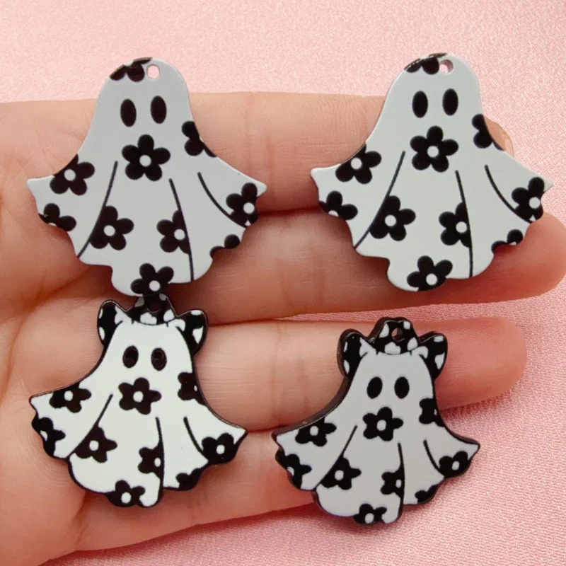 Free shipping 50pcs/lot color flowers pattern print cartoon Ghost shape acrylic beads diy jewelry garment pendant accessory