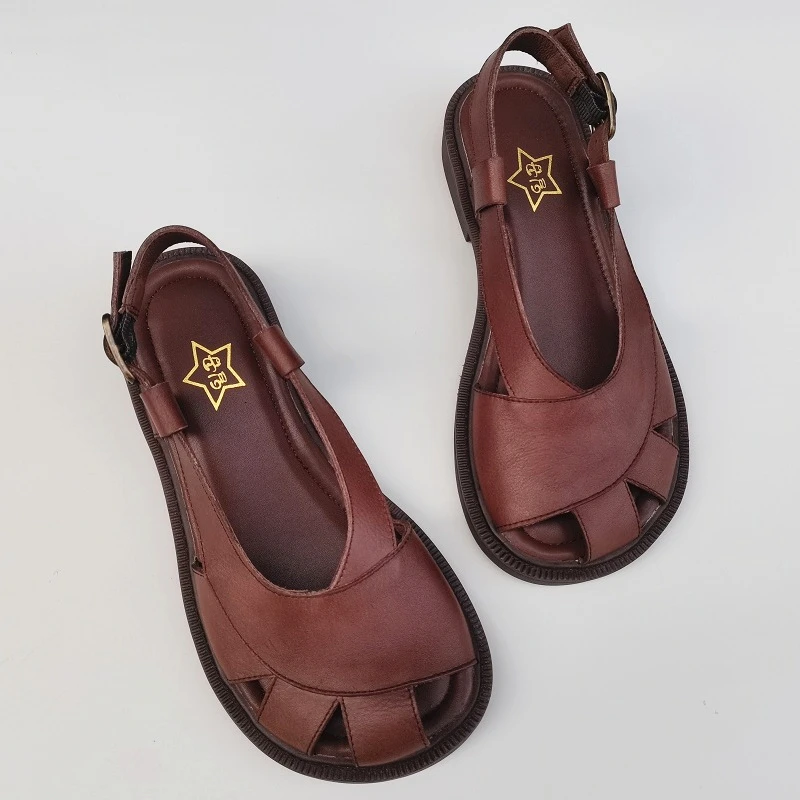 Careaymade-Sapatos grandes de couro genuíno para mulheres, sandálias largas, couro original, artesanal, único respirável, sola macia, casual