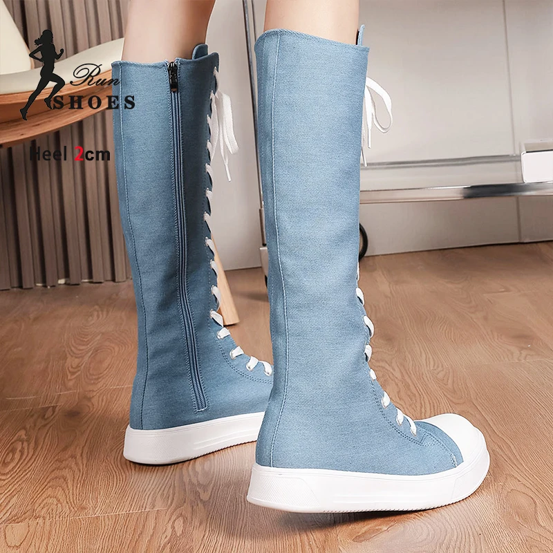 High Top Women Canvas Shoes Sneakers Lace-up Knee-High Boots Side Zipper Girls Flats Casual Shoes Fashion Large Size Long Boots