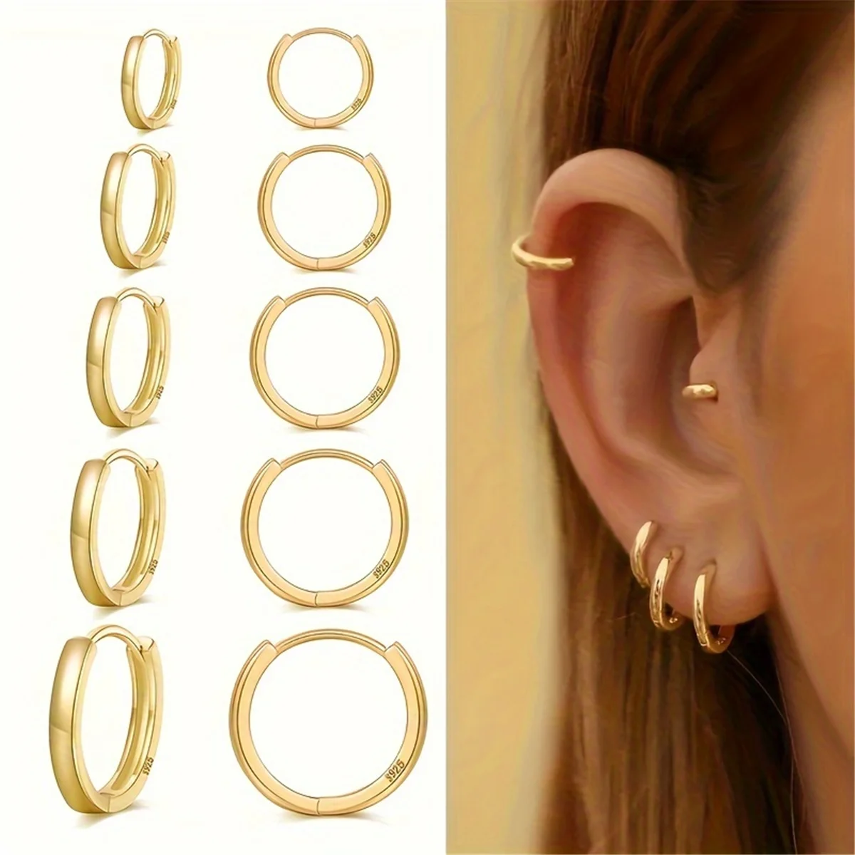 5 Pairs Of Women'S Silver Hoop Cartilage Earrings Set, Suitable For Multiple Ear Holes, Suitable For Daily, Party, Festival, Wed