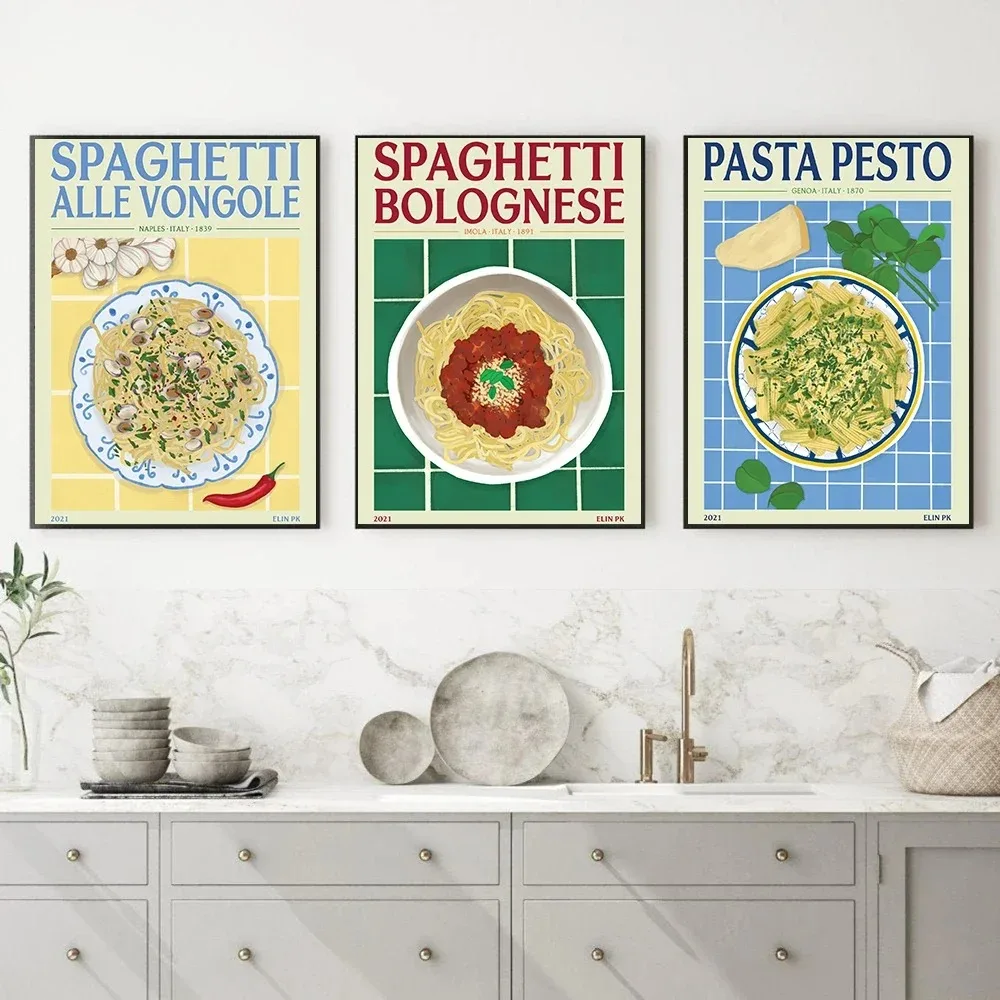 Spaghetti with Clams Poster and Print Cartoon Pasta Pesto Bolognese Canavs Painting Kitchen Restaurant Foods Wall Art Pictures