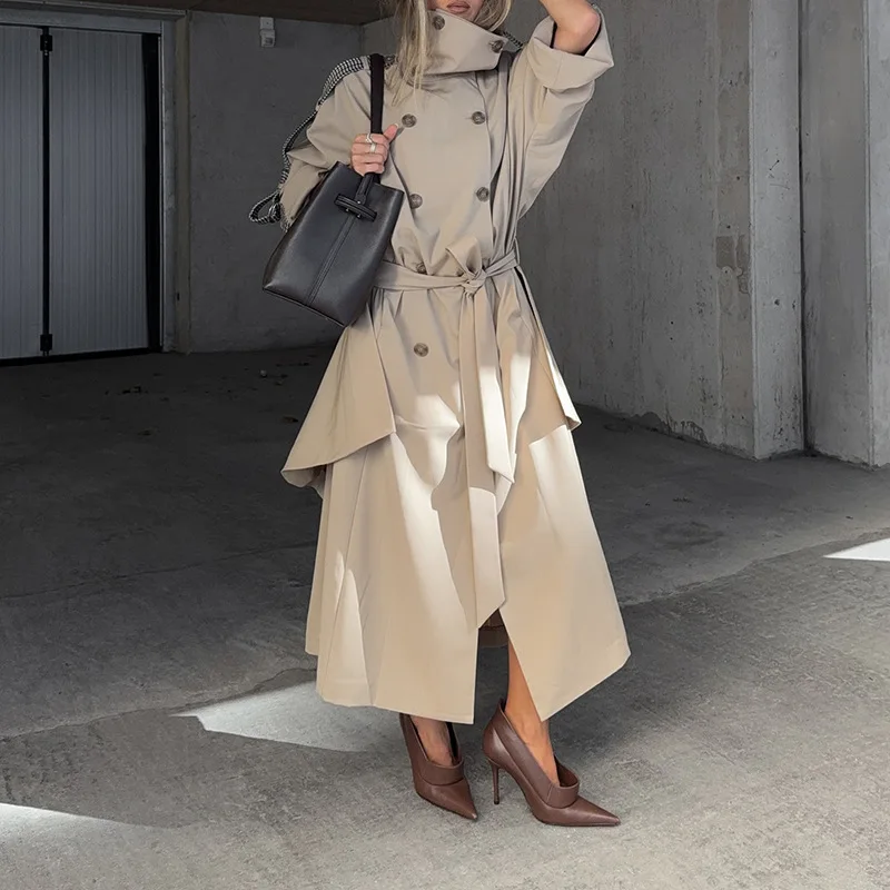 

British-Style Women's Irregular Autumn Trench Coat New Fashion Outerwear Mid-Length Coat Khaki