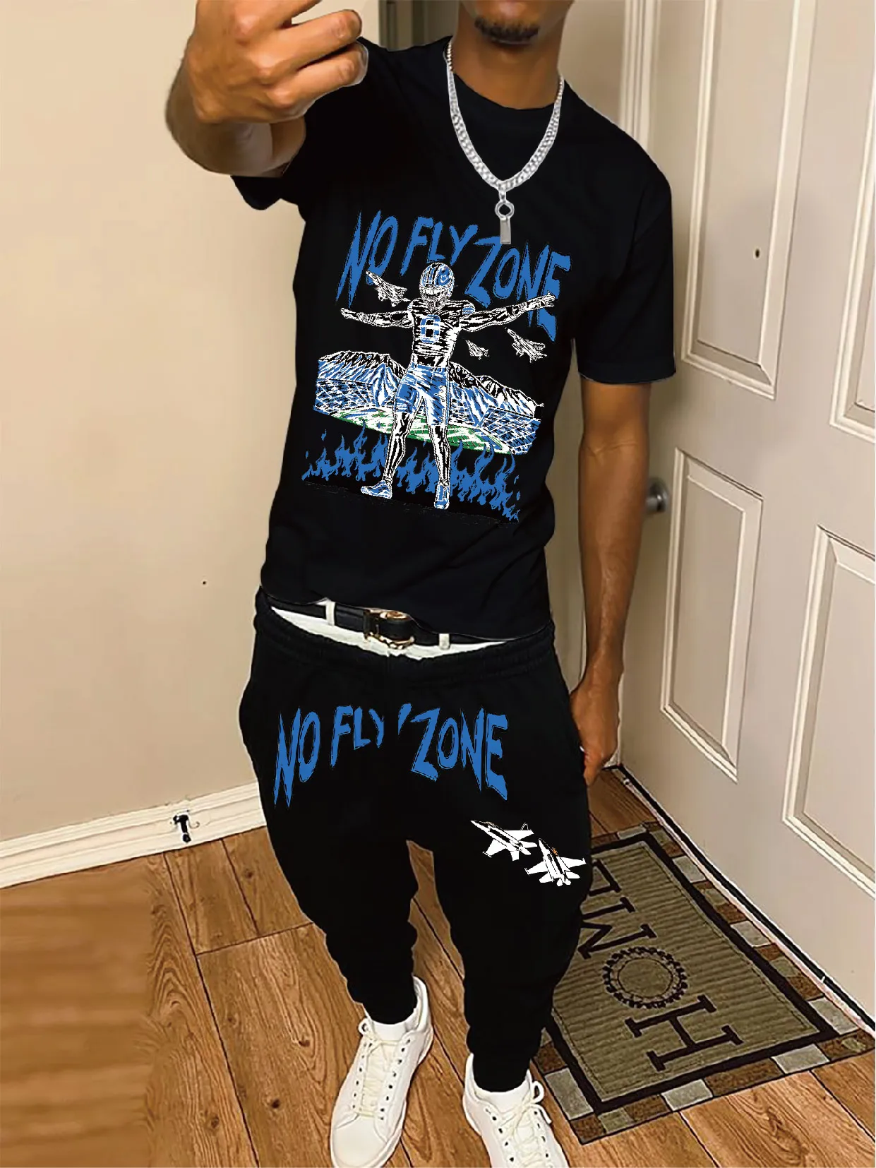 

Short-sleeved trousers suit blue no fly zone rugby player print suitable for sports and leisure scenes