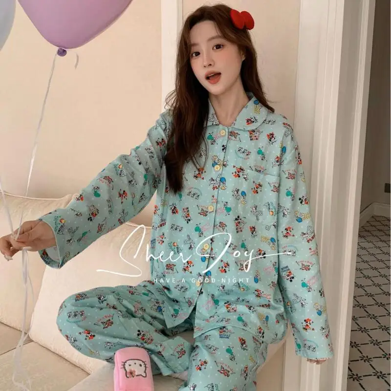 

Mickey Cartoon Print Mint Green Long-Sleeve Pajama Sleepwear Comfy Soft Fabric Loungewear Casual Y2K Aesthetic Fashion Relaxed