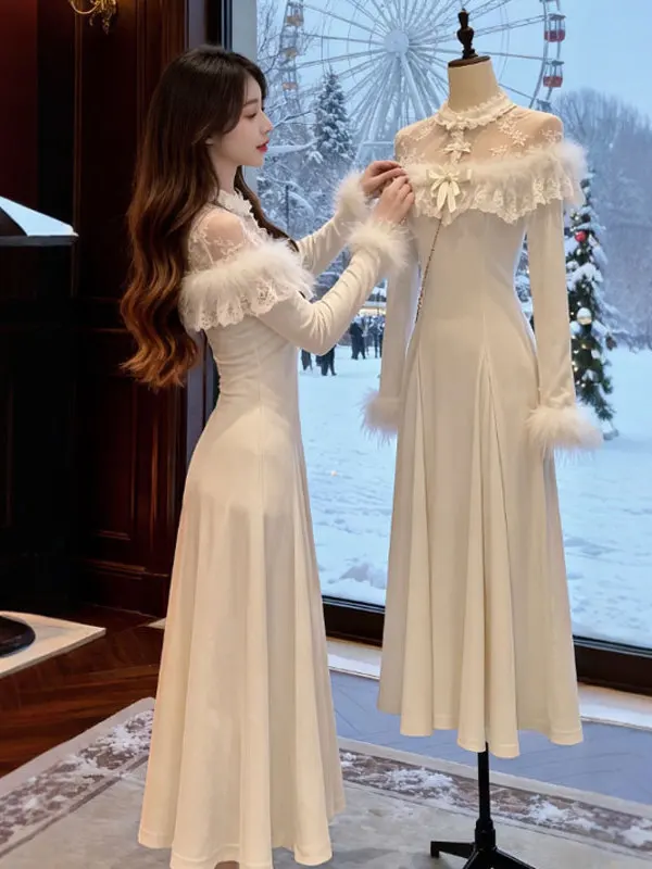 Ele oulder Bared Fitted Dr Gentle Sle High Waist Cotton Long Sve Dr for Various Ocns Such as Work And Date