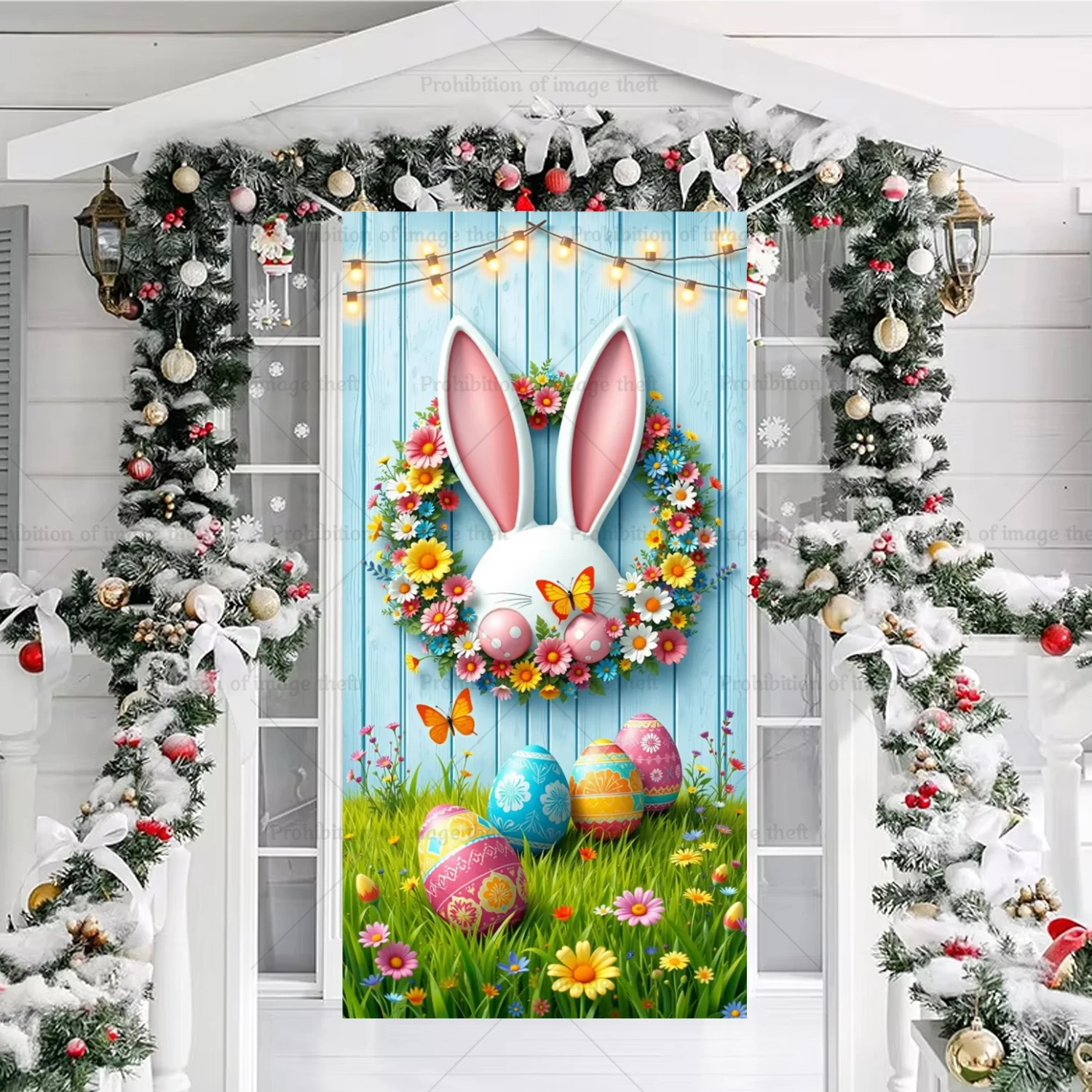 Happy Easter Theme Fantasy Background Spring Door Cover Bunny Flower Eggs Cute Rabbit Baby Party Children Birthday Decor Gift