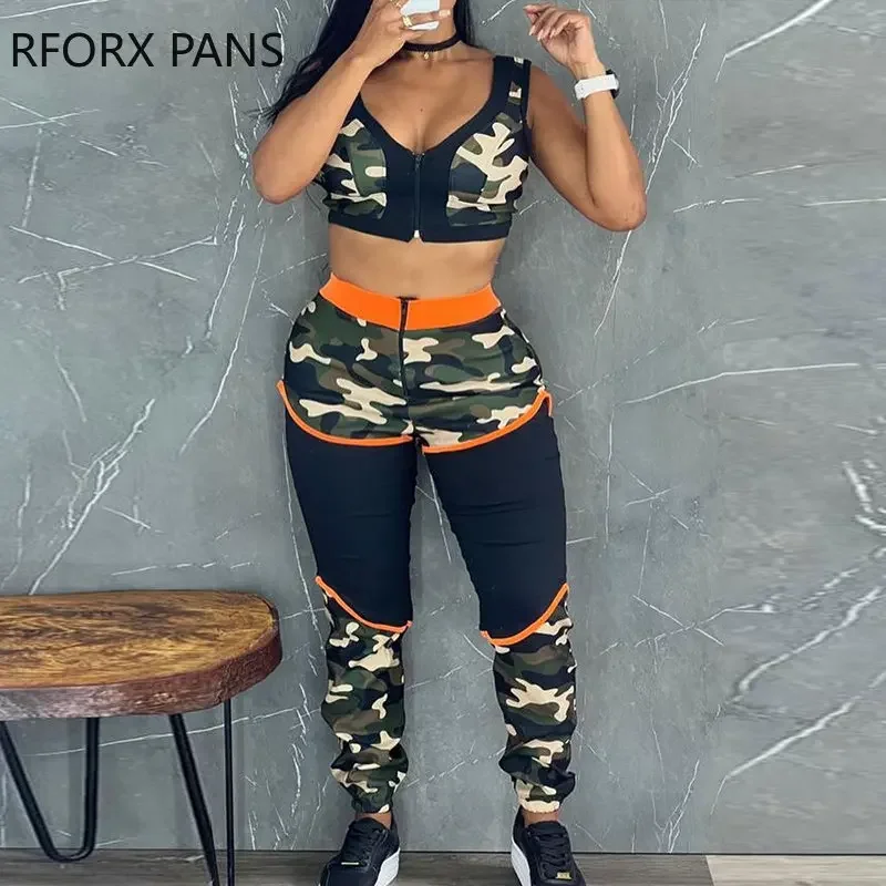 Women Elegant Camouflage Colour Patchwork Sexy Tank Crop Tops Zipper Elastic Waist Pants Sets