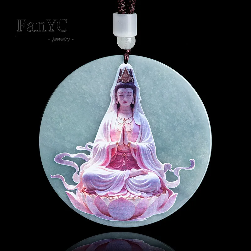 Natural Jadeite Blue Water Color Shadow Carving Buddha Goddess of Mercy Ice Jade Pendant Fashion Men and Women Lucky Amulet