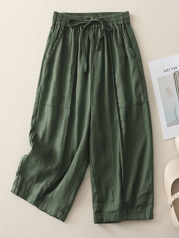 Pantalones informales de pierna ancha para mujer, pantalones holgados de verano con cintura elástica, mosaico 3D de algodón y lino, pantalones de calabaza de siete cuartos