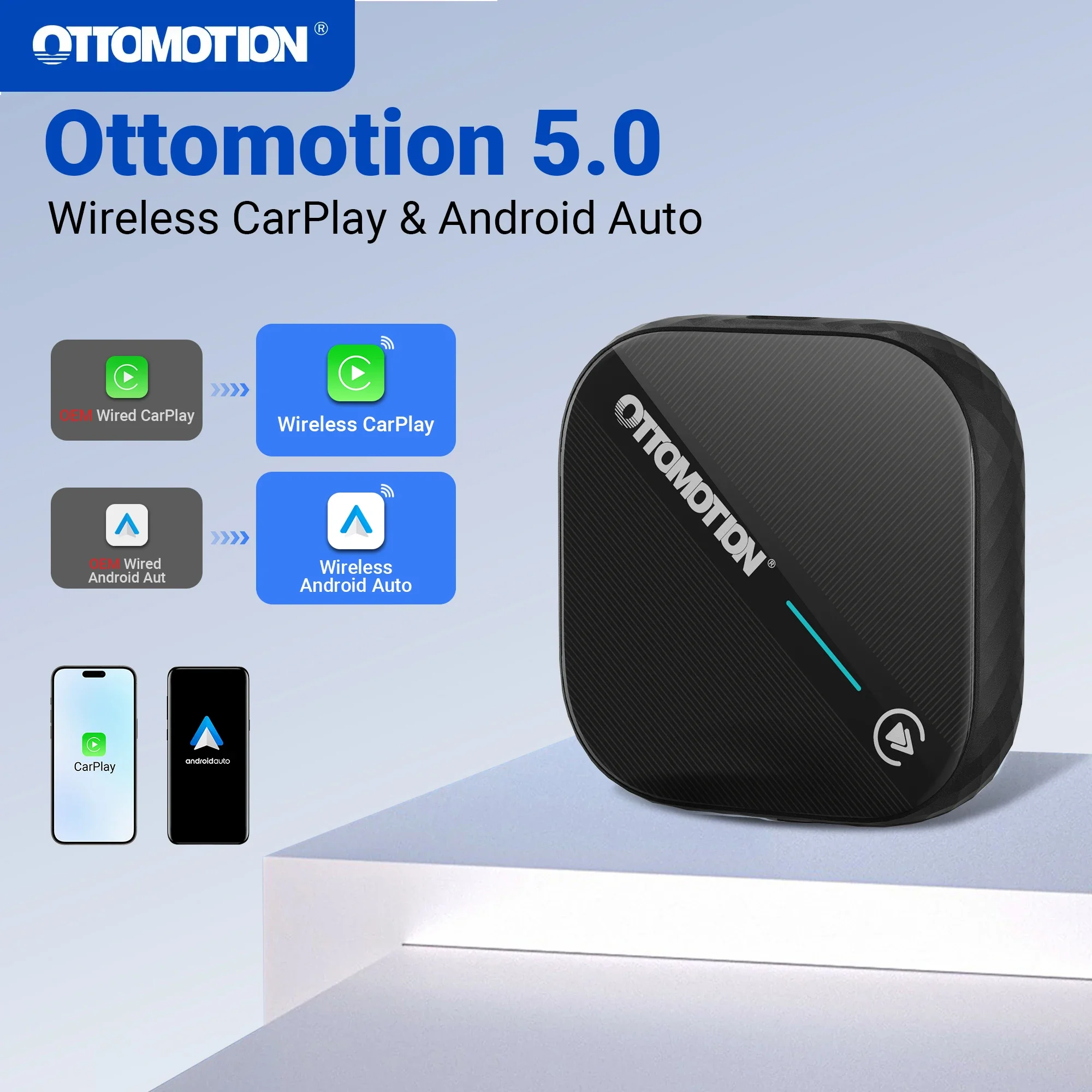 OTTOMOTION 5.0 Wireless CarPlay Android Auto Ai Box Wireless Adapter For Skoda Kia Haval Toyota Mazda Ford Peugeot VW Audi