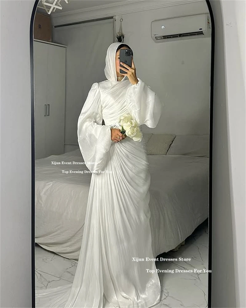 Xijun Modest Ivory Muslim Evening Dresses Full Sleeves Crystal Wedding Party Dresses Pleats Dubai Formal Prom Dresses Customized image 5