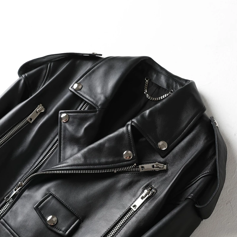 Genuine Leather Jacket for Women 2024 Fashion Diagonal Zipper Rivet Female First Layer Sheepskin Full Sleeve Motorcycle Jackets