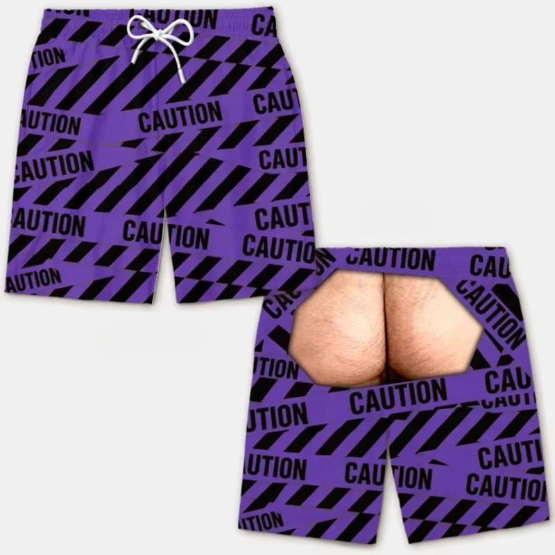 Novelty Fake Butt Underwear Print Swim Shorts Funny 3D Illusion Fake Cutout Waist Quick Dry Beach Holiday Casual Board Shorts