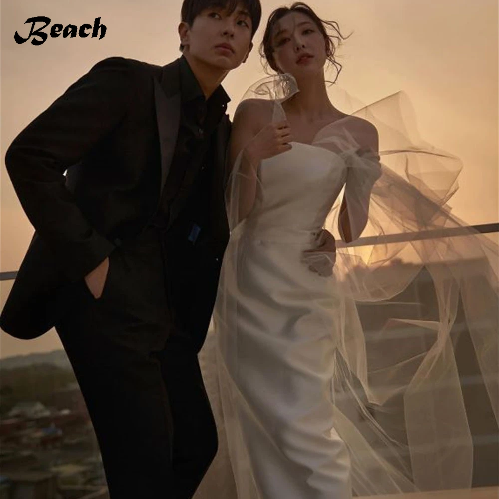 BEACH Simple Strapless Satin Korea Wedding Bridal Gowns Floor Length Off The Shoulder Backless Mermaid Sweep Train Bride Dress