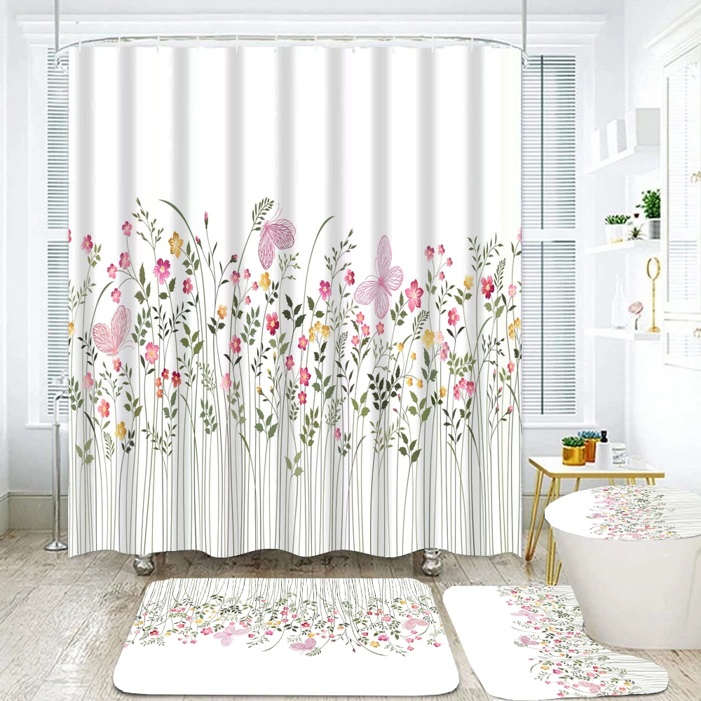 Butterfly Flowers Print Fabric Shower Curtains Bathroom Curtain Set Flower Anti-skid Rugs Carpet Toilet Lid Cover Bath Mat Sets