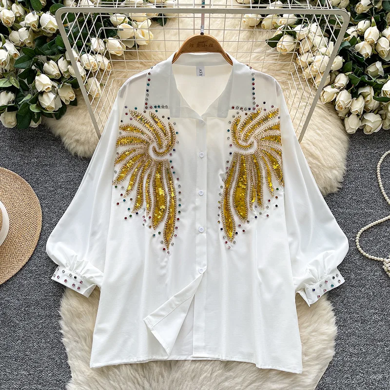 

Европейско-американский смокинг с рукавами-фонариками, женская весенне-осенняя новая модная свободная блузка с блестками, топ больших размеров C366