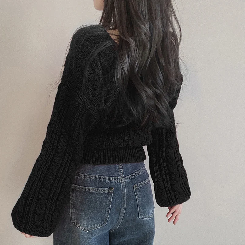 Vintage torção gola quadrada camisola feminina primavera outono chique cintura cinched recortado pullovers coreano cor sólida camisola de malha