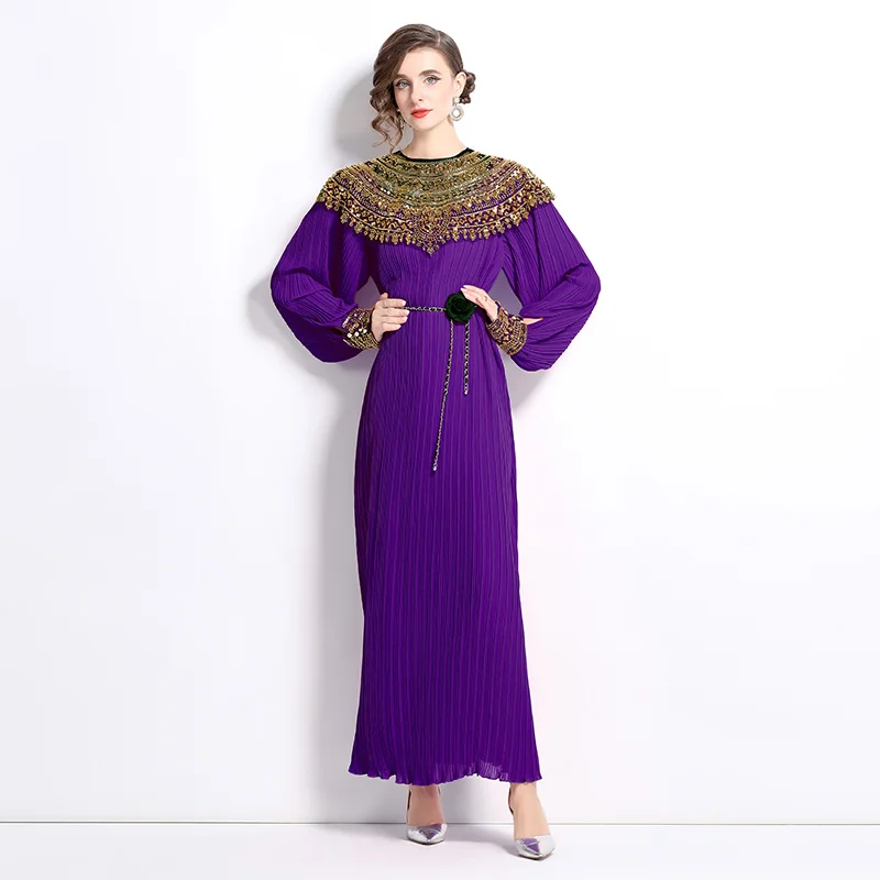 

2025 Advanced Heavy Industry Beaded Dress Dress Temperament Lantern Sleeve Pleated Loose Muslim Long Dress