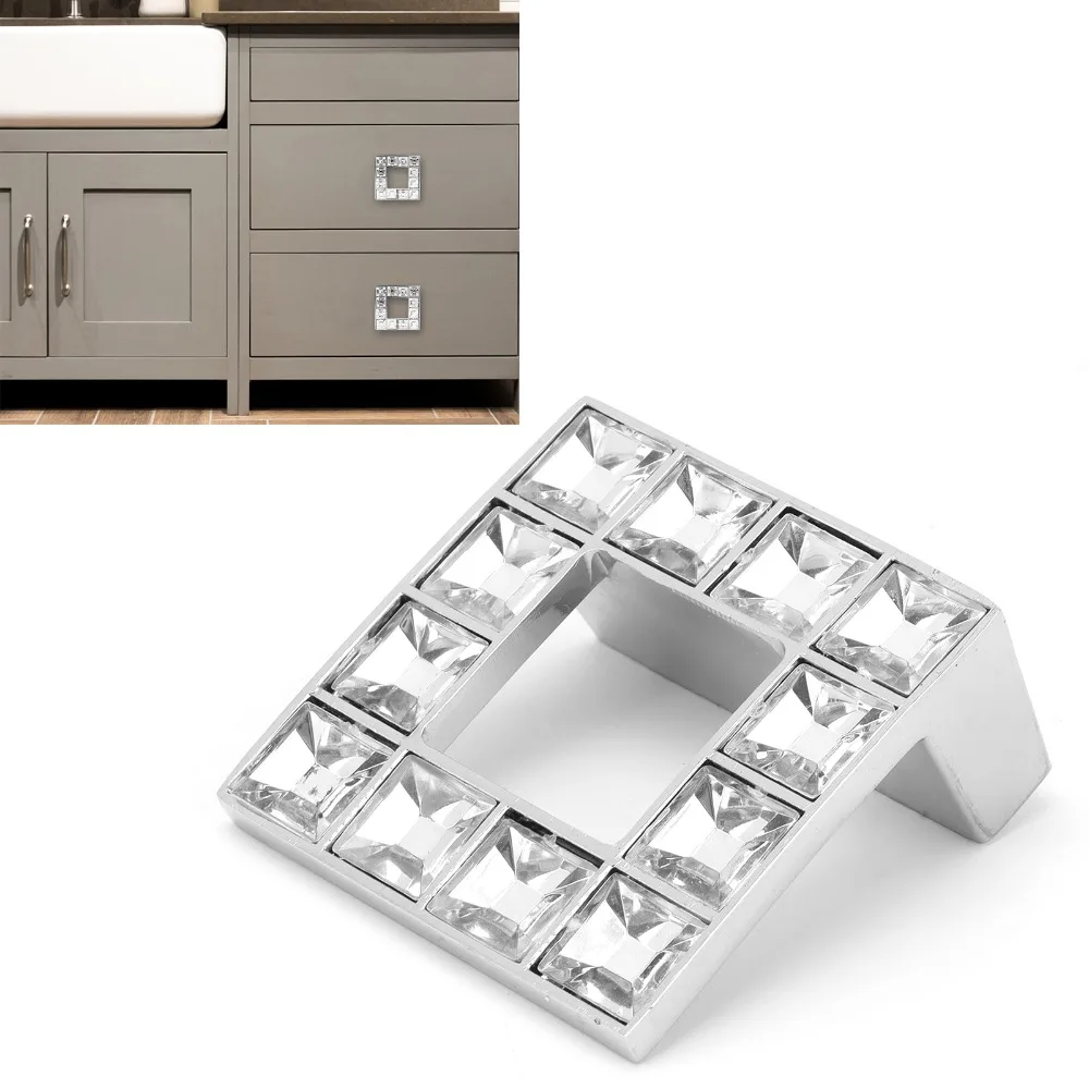 Modern Zinc Alloy Cabinet Handles Crystal Glass Square Drawer Pulls Cabinet Knobs Living Room