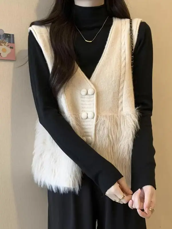 Elegant V-neck Knitted Vest Women's plus Size Furry Splicing Outerwear Top Double Button Commute Style Regular Length