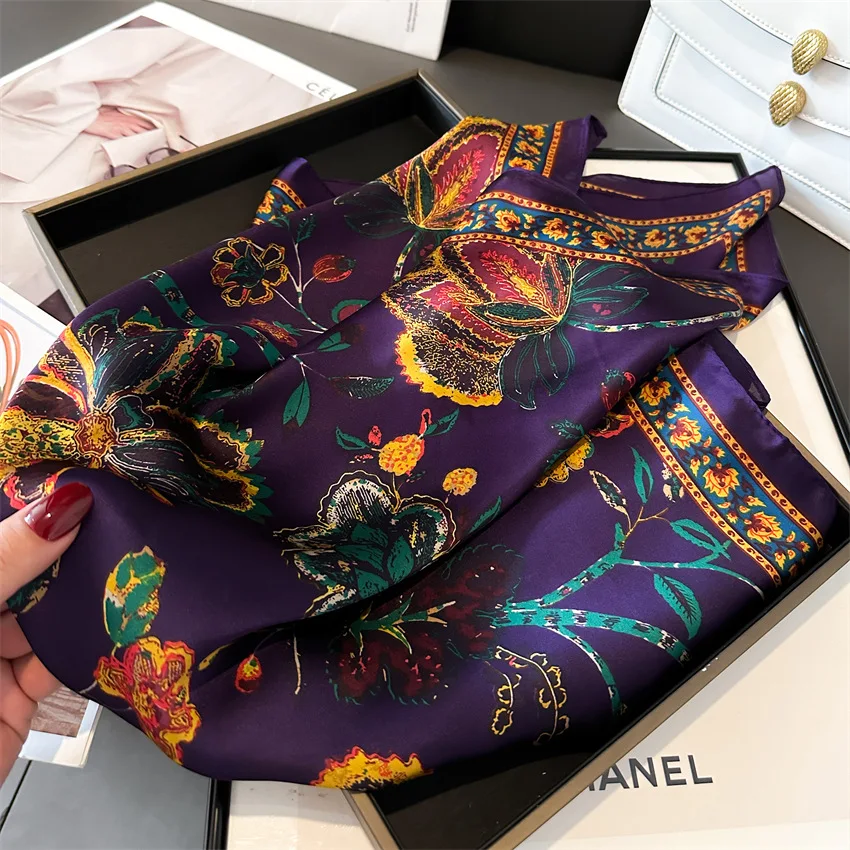 Women Silk Scarf Feeling Hair Neck Square Brand bandanna Muffler Waiter Flight Attendants Handkerchief Ring Sunscreen Print Wrap