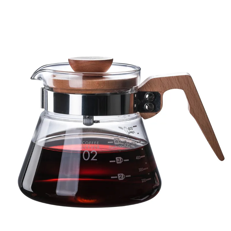 400/600ML Glass Pouring Cup Coffee Server with Wooden Handle High Borosilicate Glass Hand Brewed Coffee Sharing Pot