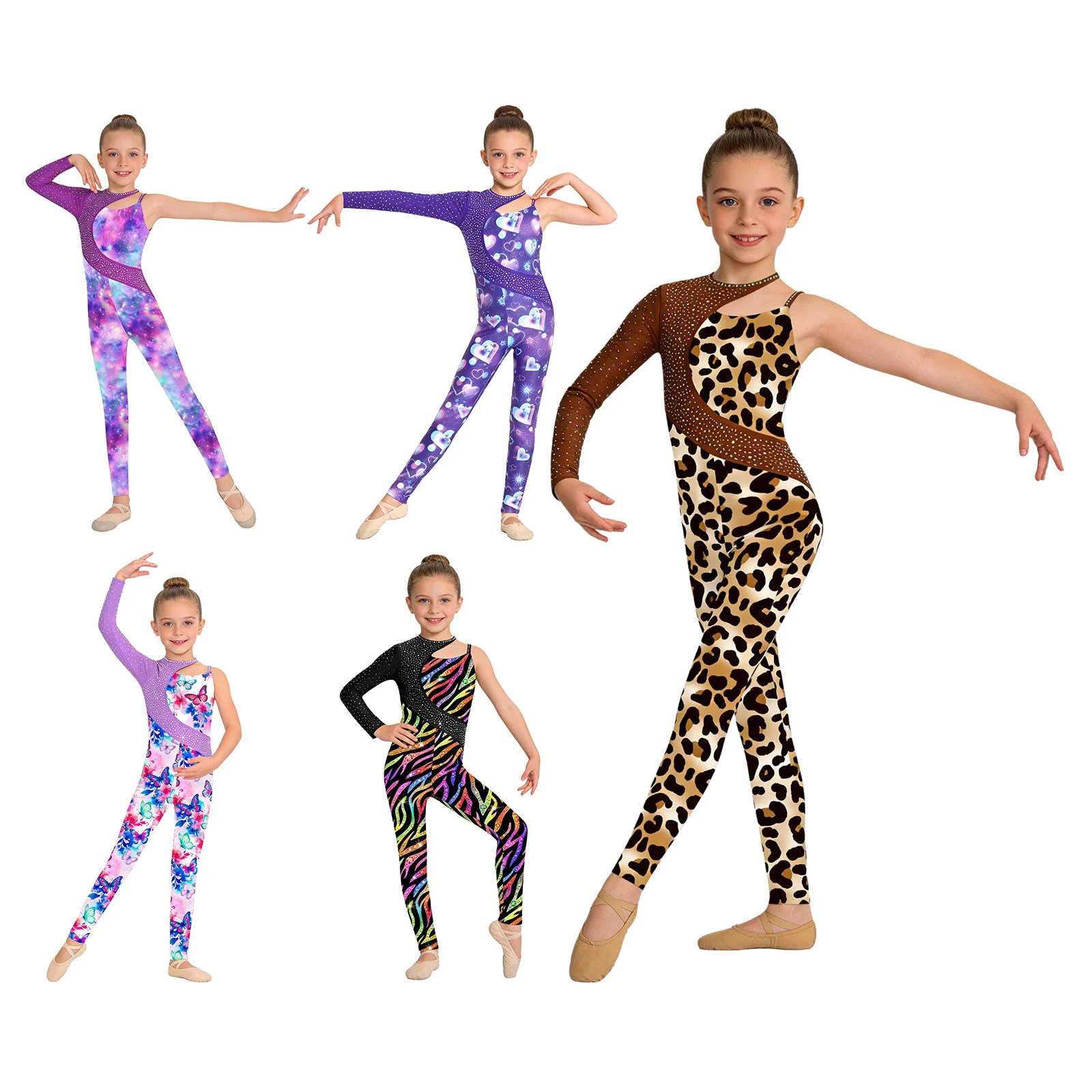 Kids Girls Gymnastics Ballet Dance Training Performance Leotard Shiny Rhinestone Print Figure Skating Acrobatics Yoga Jumpsuit