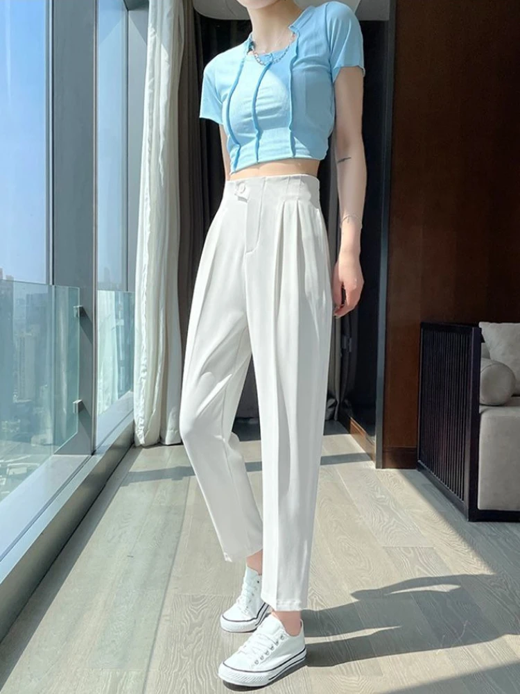 

Костюмные брюки, женские брюки, прямые белые брюки с высокой талией, тенденции 2025, удобные эластичные брюки Harajuku 90-х годов, хлопковые женские брюки