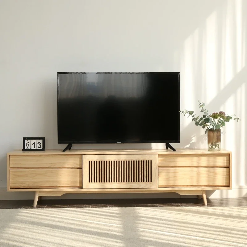 

Ash wood TV cabinet Qingmutang solid wood log grille cabinet living room low storage Japanese-style new