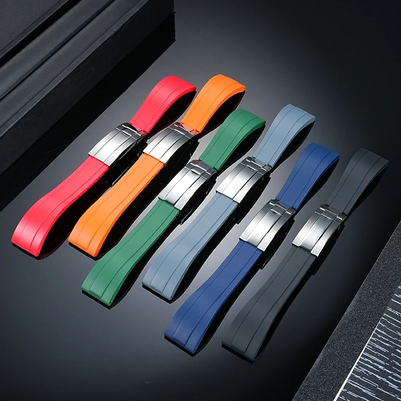 20mm 21mm 22mm Silicone Rubber Watchband For Rolex Tudor Omega Flat End Watch Belt Soft Rubber Strap Folding Silver Buckle