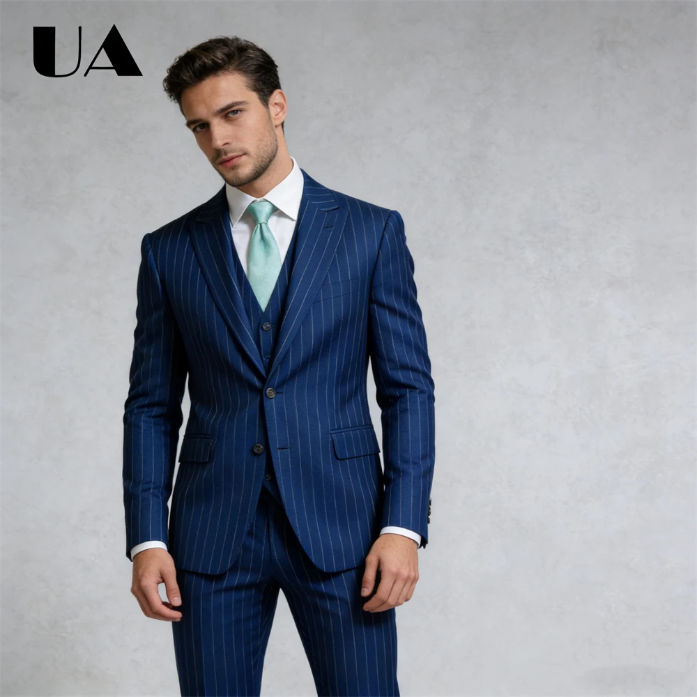 Business 3-Piece Suit Set, Navy Striped Formal Suit (Jacket Pants Vest) XXS-7XL Tuxedo Blazer Trouser Prom Suit Attire