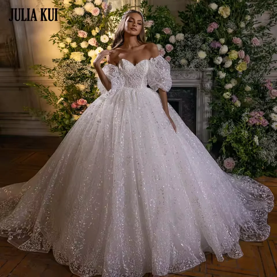 

Julia Kui Custom Made Floral Prints Ball Gown Wedding Dresses Beading Pearls Lace Off Shoulder Sleeves Sweetheart Bridal Skirts