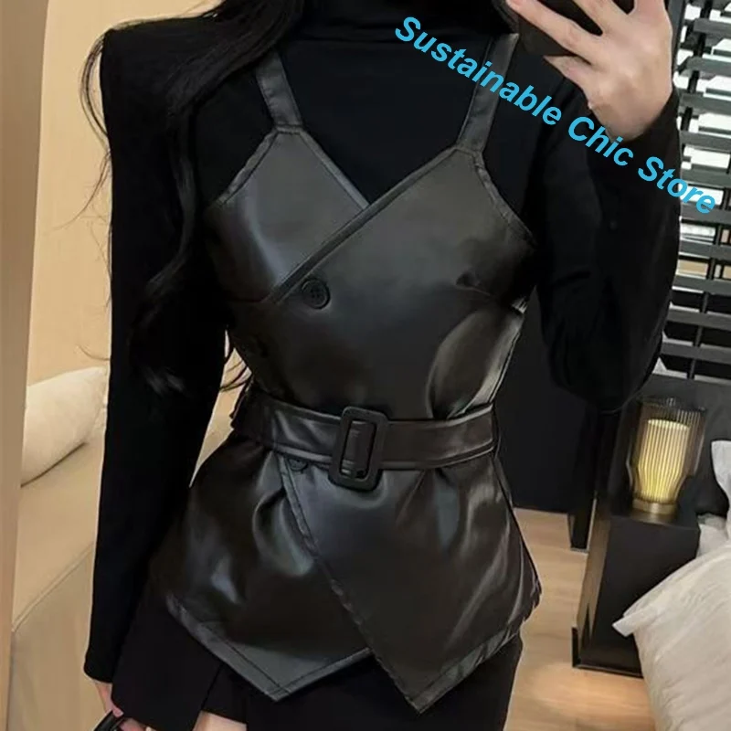 Korean retro black leather vest female spring and autumn new fashion temperament advanced design sense irregular casual top.