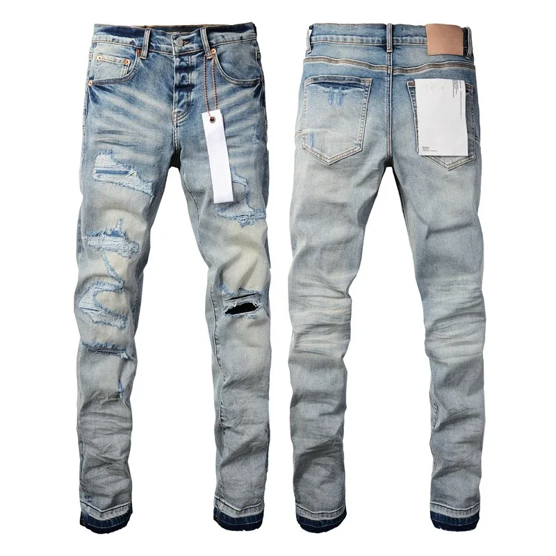 

2024 New Spring Summer Man Jean American High Street Dirty Distressed Destroy Paint Vintage Slim-Fit Ripped Mid Rise