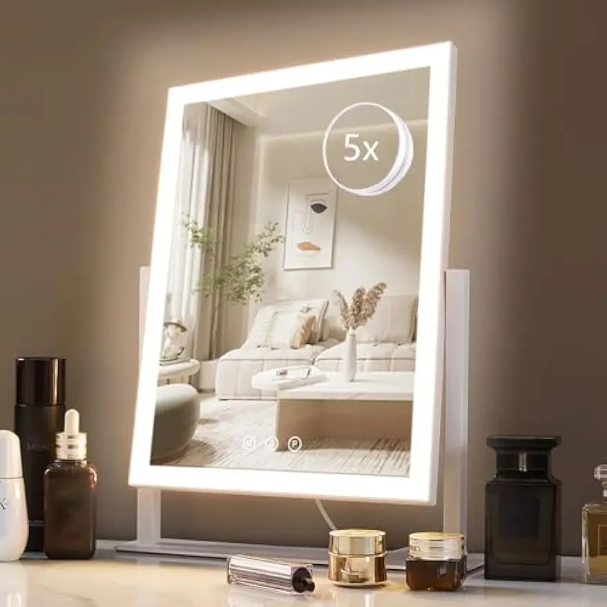 

Зеркало для макияжа с подсветкой, 3 цветовыми режимами, 5-кратным увеличением, сенсорным управлением и 360° ° Вращение в белой подарочной коробке