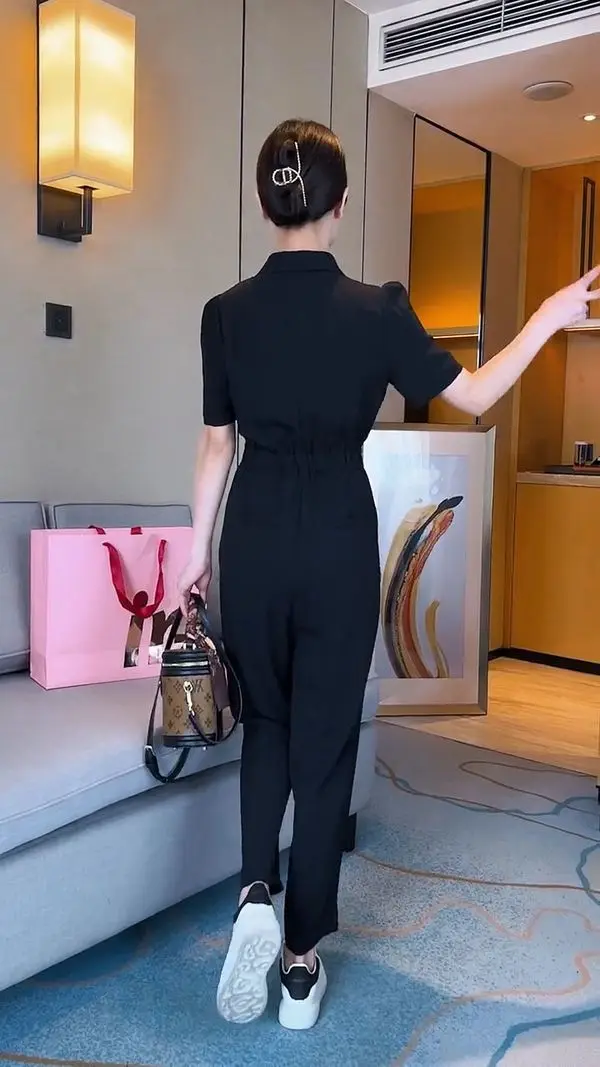 Women\'s Elastic Waist Jumpsuit, Japanese and Korean Style, Monochromatic, Large Suit, Spring, Summer