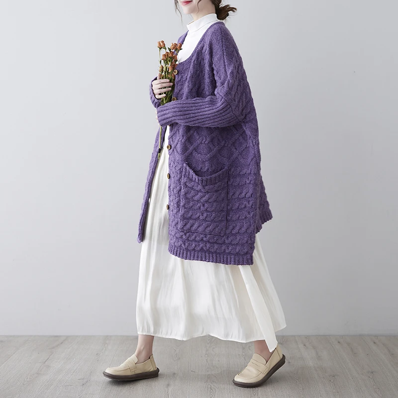 

Loose Knitted Sweater Coat Cardigan Korean Style Autumn Outerwear Long Sleeve Button up Thickened Woolen Material
