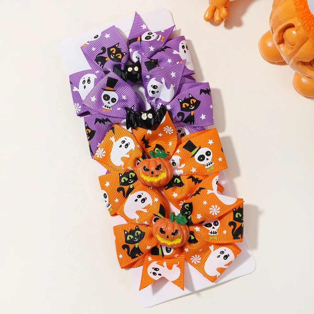 4 teile/satz Halloween Cheer Bow Haars pange für Kinder lustige Kürbis Haarnadel Band Bowknot Haars pange Mädchen Kopf bedeckung Haar Zubehör – Detail 19