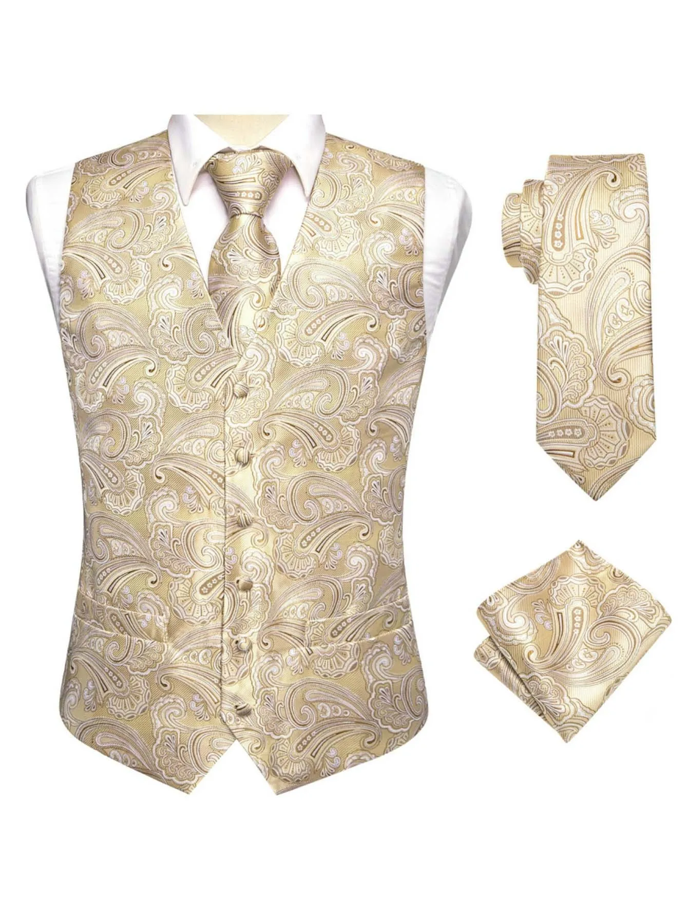 Men's Apricot Jacquard Vest 3-Piece Set Includes Waistcoat, Tie & Pocket Square, Elegant Matching Suit for Wedding, Banquet