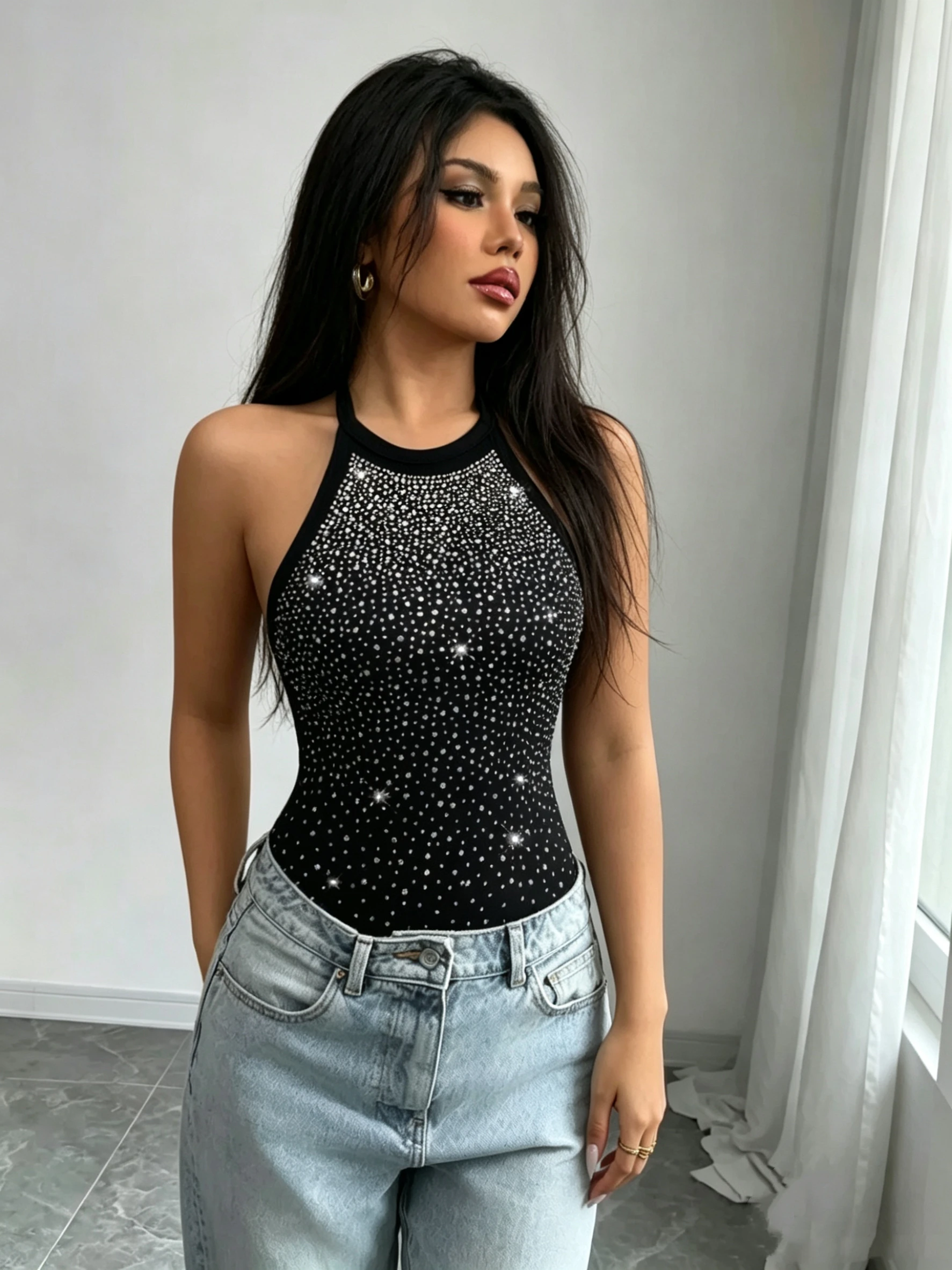 Summer New Women's Heavy Rhinestone Neck Hanging Backless Slim One-Piece Suit Glittering Partywear Monokini
