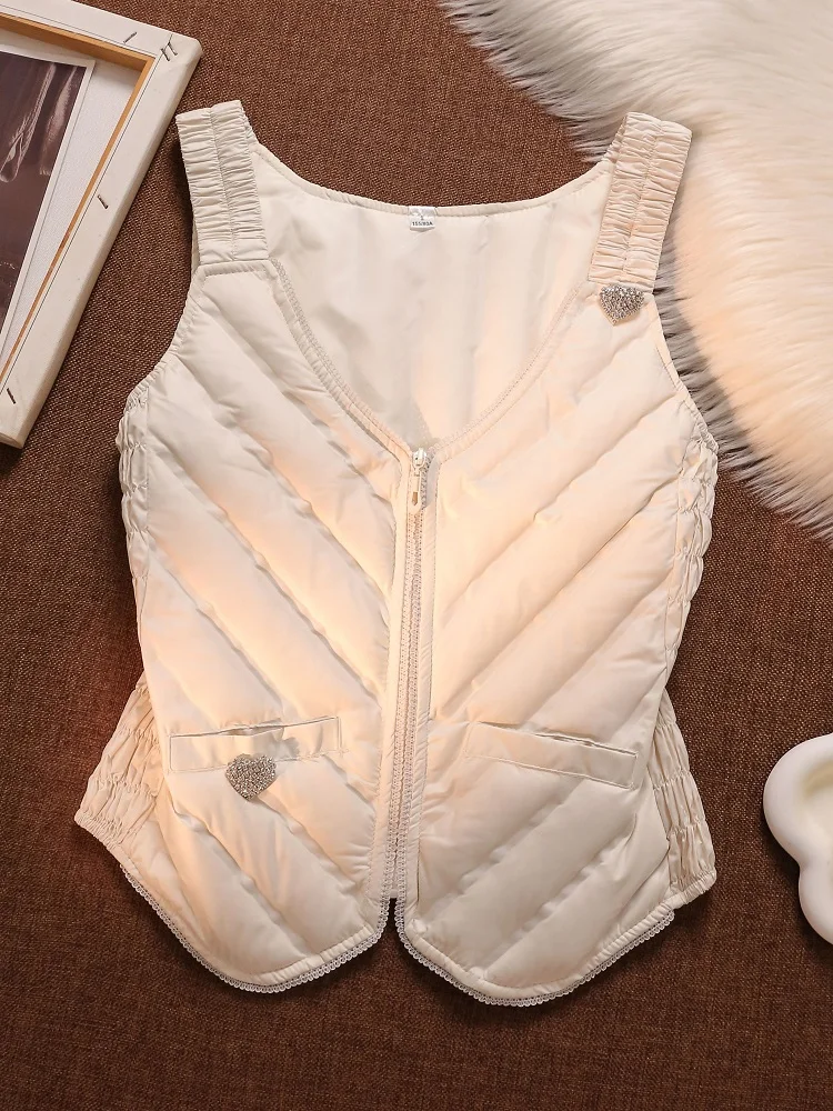 Love Lightweight Down Jacket Vest Warm Inner Liner Short Jacket Solid Color Fashion Zipper Top 2025 New Winter Women's Clothing