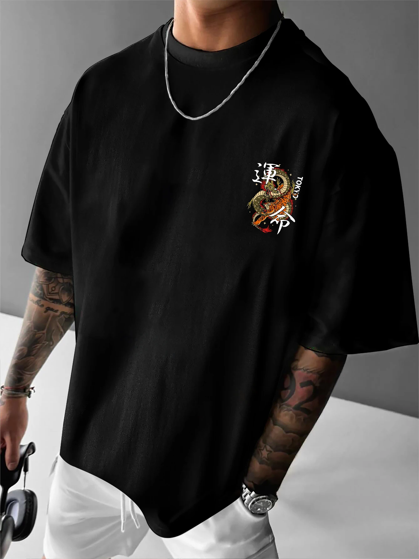 New Men Loose T-shirt Featuring Dragon Element Fate Theme Patterns Made 100% Pure Cotton Suitable  Both Men and  Women Versatile