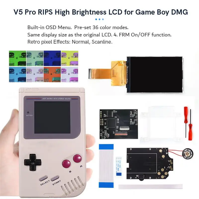 

Топ Hispeedido DMG GBO IPS V5 Pro OSD, подсветка меню, RIPS 36, цветной комплект для консоли GameBoy DMG GBO GB DMG с предварительно вырезанным корпусом