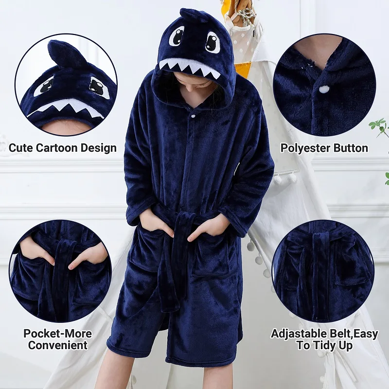 MICHLEY Cow Dinosaur Flannel Kids Bathrobe Bath Robe Pajamas Robe Cartoon Children Hooded Sleepwear Clothes For Girls Boy 3Y-13Y