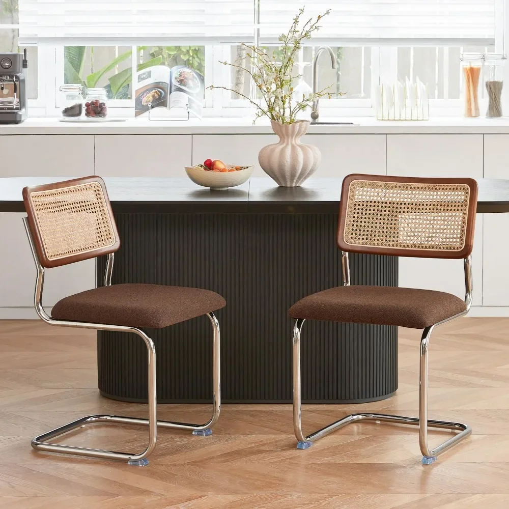 Brown Rattan Dining Chairs Set of 4,Wooden Mid-Century Modern Kitchen Chairs, Mesh Back Cane Dining Room Chairs