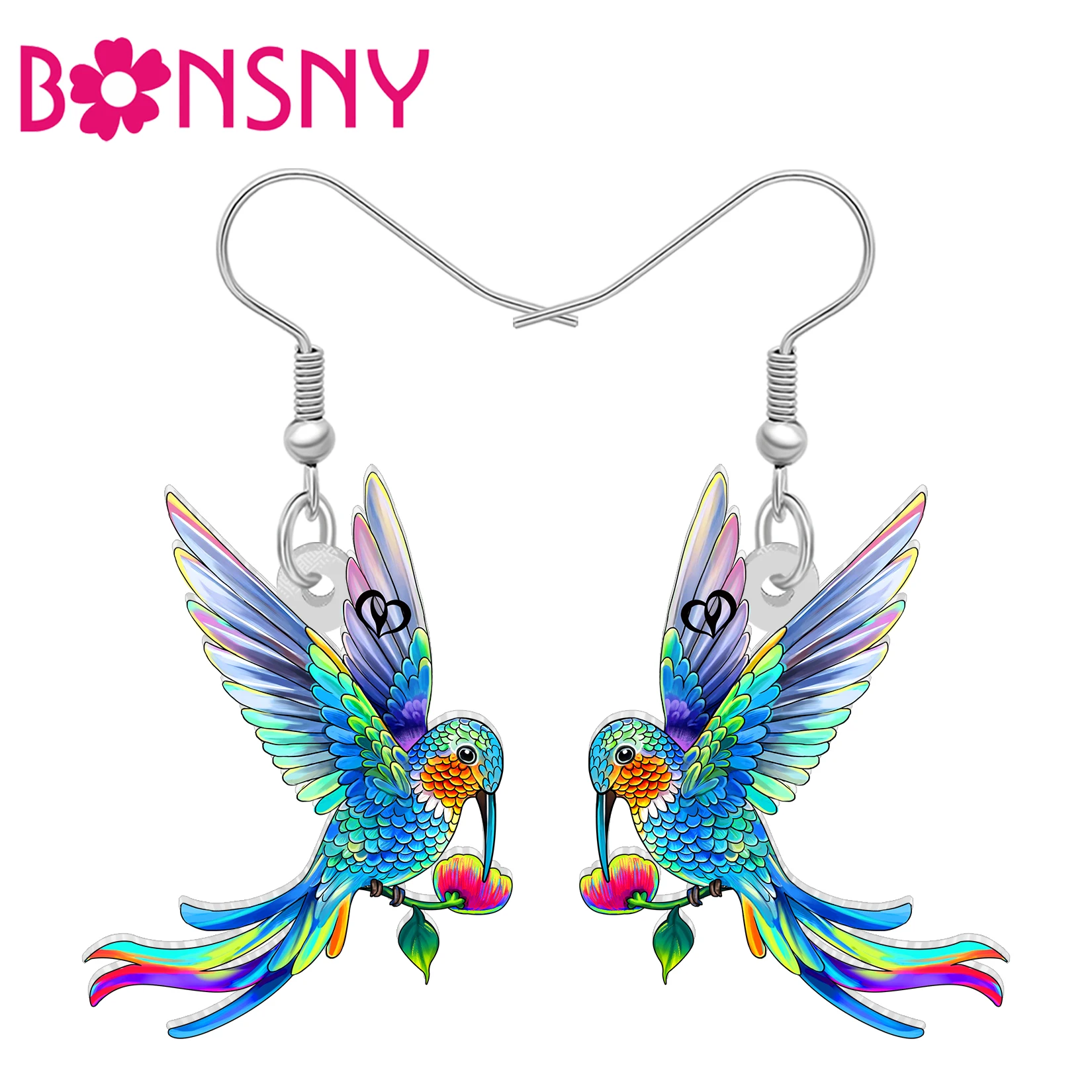 BONSNY Acrylic Tropical Hummingbird Dangle Earrings Colorful Flowers Flying Birds Trendy Jewelry Women Girls Spring Charms Gifts